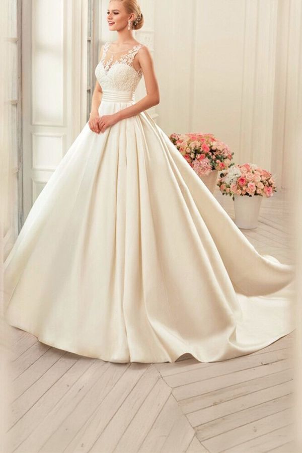 Lace Illusion Neckline Satin Ball Gown with Long Train for Formal Events