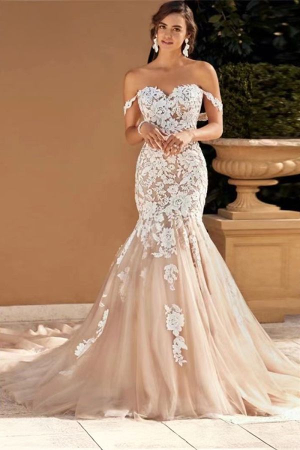 Lace the-Shoulder Mermaid Gown with Long Train for Formal Events