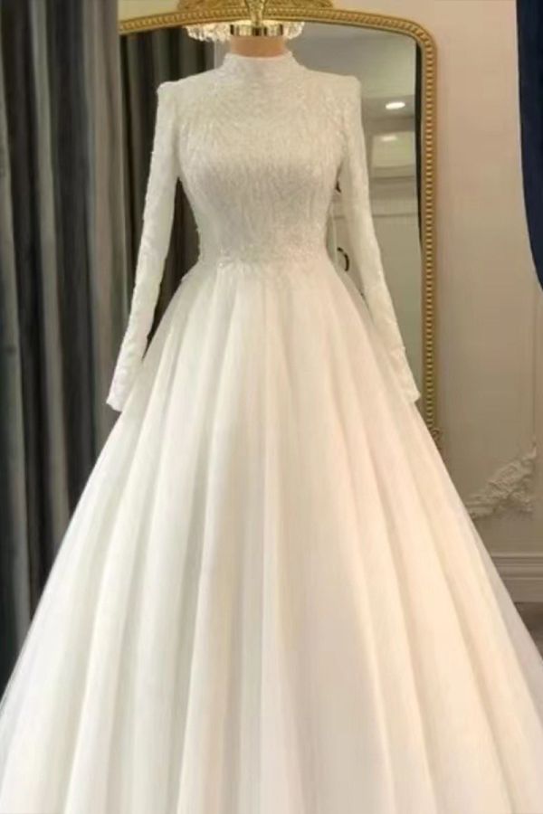 High-Neck Long Sleeve Lace Bodice Ball Gown with Long Train for Formal Events