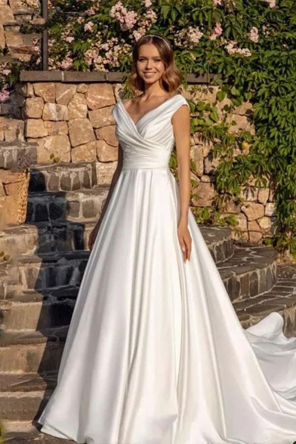 V-Neck Satin Ball Gown with Long Train for Formal Events