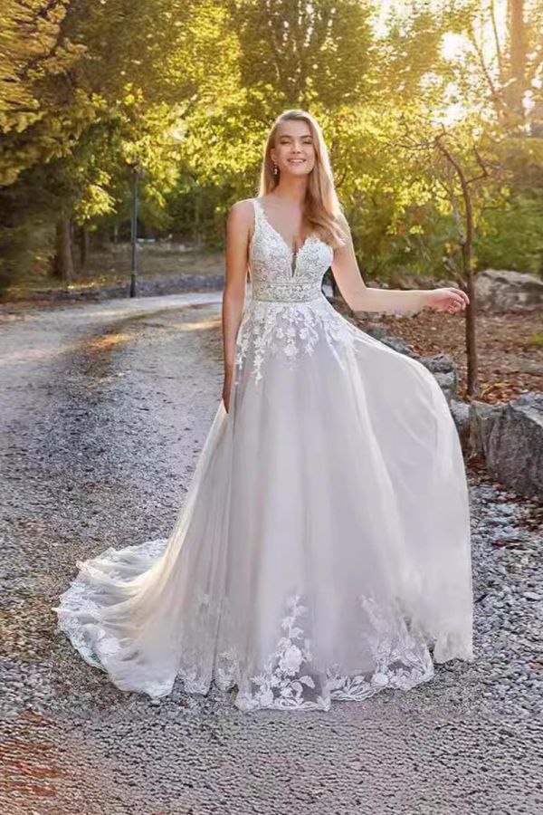 V-Neck Lace Bodice A-Line Gown with Long Train for Evening Events