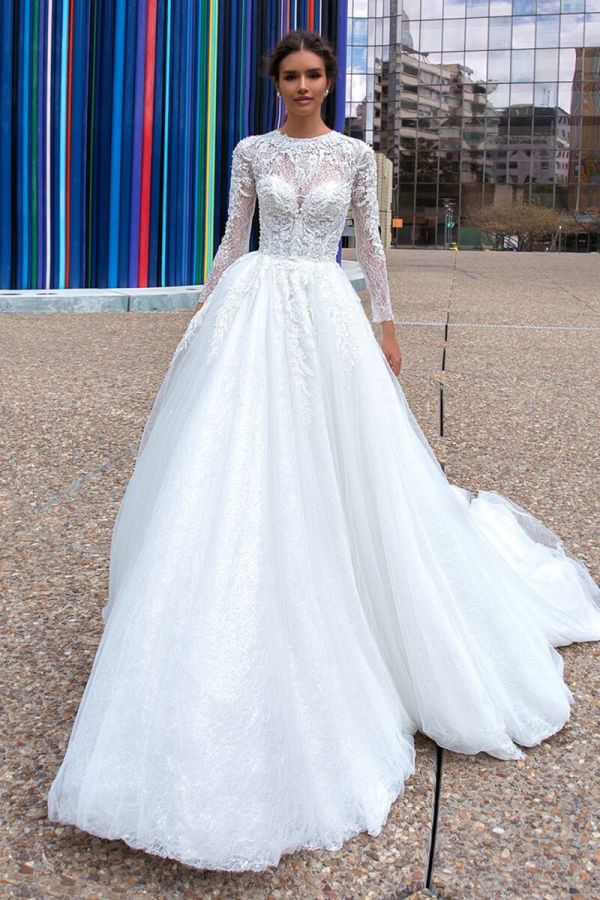 Lace High-Neck Long-Sleeve Ball Gown with Long Train for Formal Events