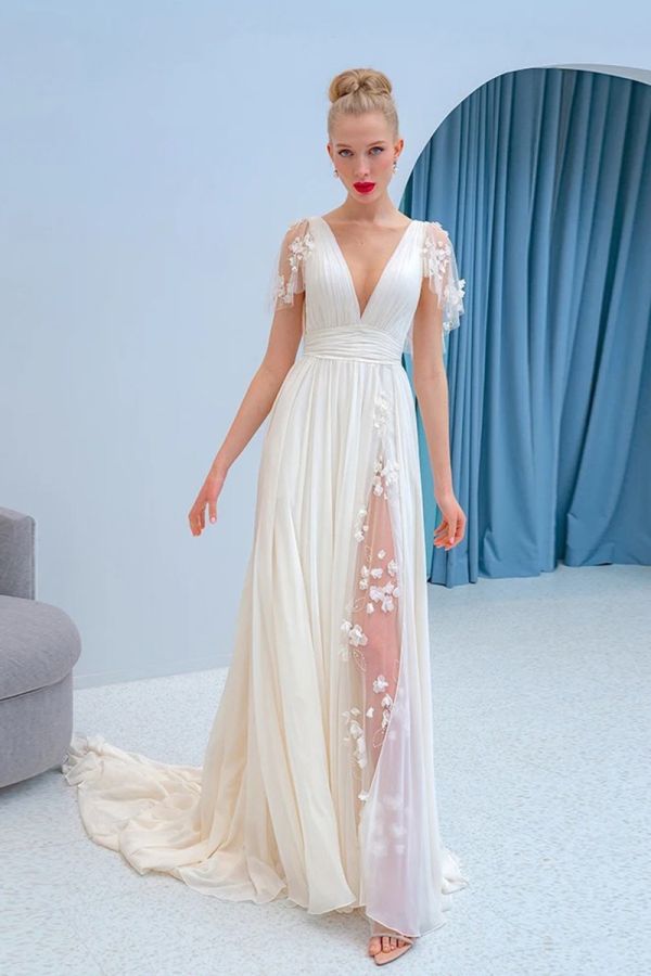 Deep V-Neck Lace-Trimmed Flowy Gown with Long Train for Evening Events