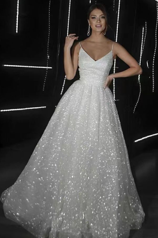 Sparkling V-Neck Ball Gown with Long Train for Formal Events