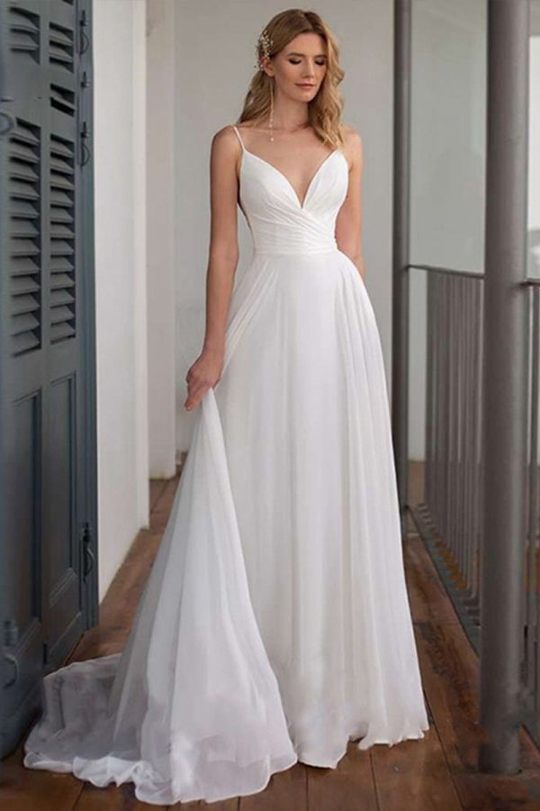 Chiffon V-Neck A-Line Gown with Long Train for Evening Events