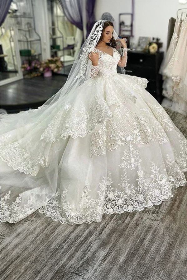 Off  Shoulder Lace Ball Gown with Train for Formal Events