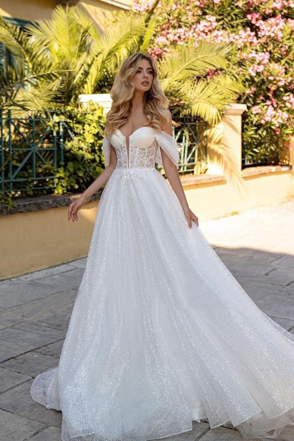 Off-the-Shoulder Glitter Ball Gown with Long Train for Formal Events