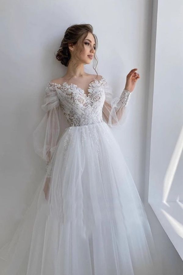 Lace Illusion Neckline Ball Gown with Long Puff Sleeves for Formal Events