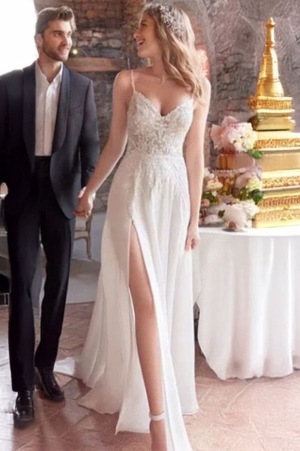 Lace V-Neck Gown with High Slit and Long Train for Wedding Receptions