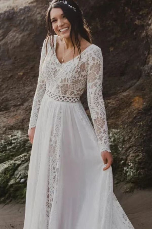 Long-Sleeve Lace V-Neck Gown with Flowing Skirt for Beach Weddings