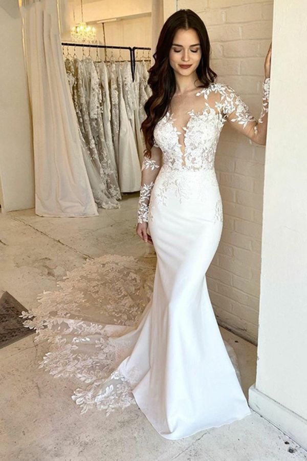 Lace Sleeve Mermaid Gown with Long Train for Formal Events