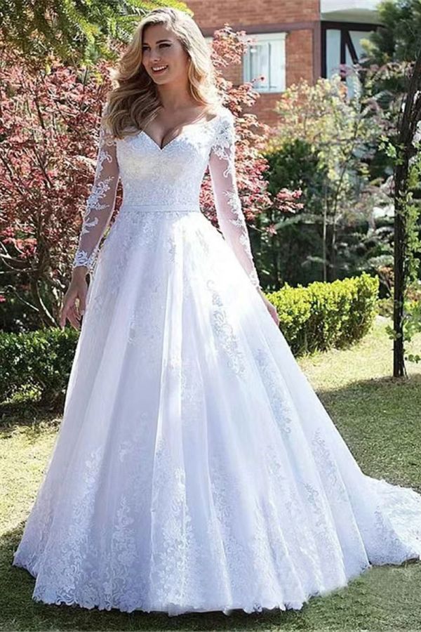 Lace Sleeve V-Neck Ball Gown with Long Train for Formal Events