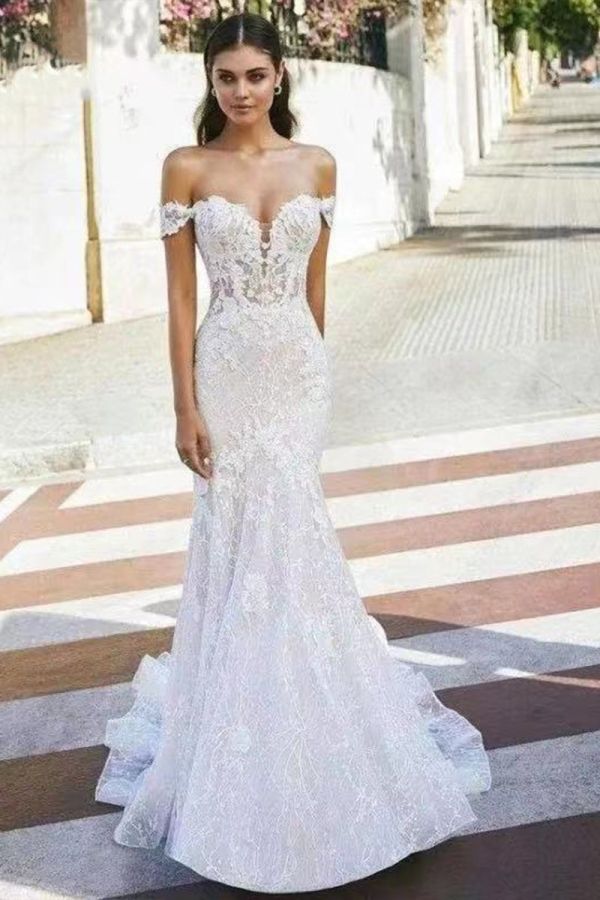 Lace Shoulder Mermaid Gown with Long Train for Formal Events