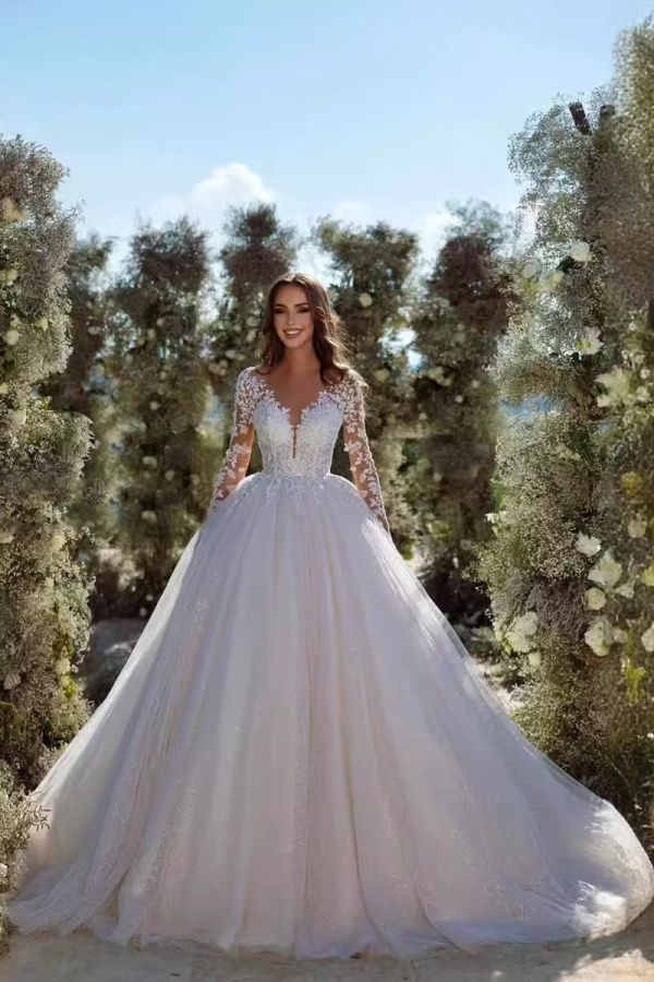 Long-Sleeve  Lace Ball Gown with Long Train for Formal Events