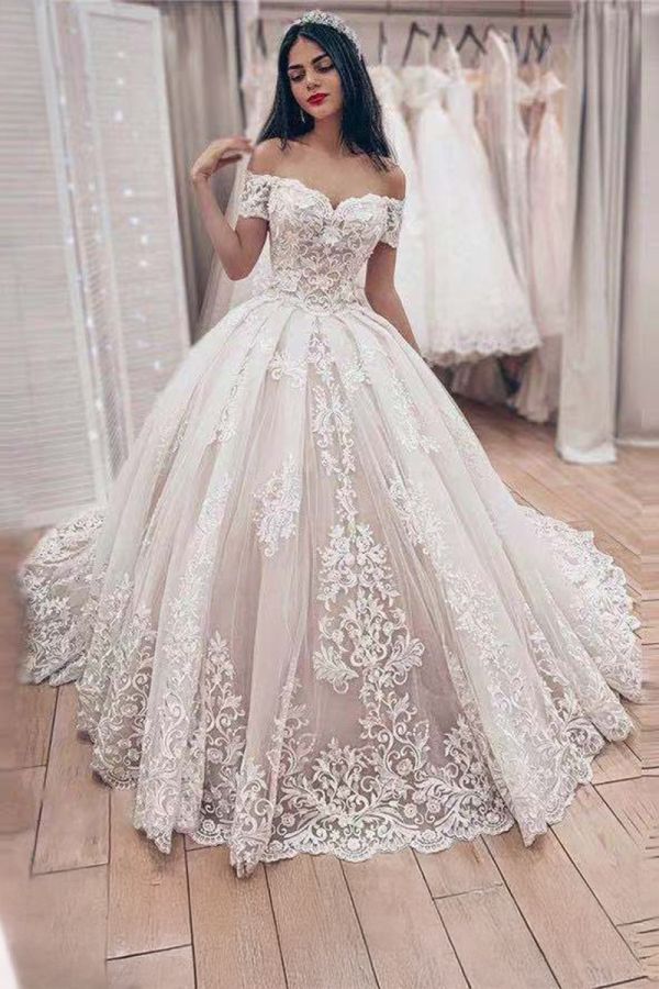 Off-the-Shoulder Lace Ball Gown with Train for Formal Events