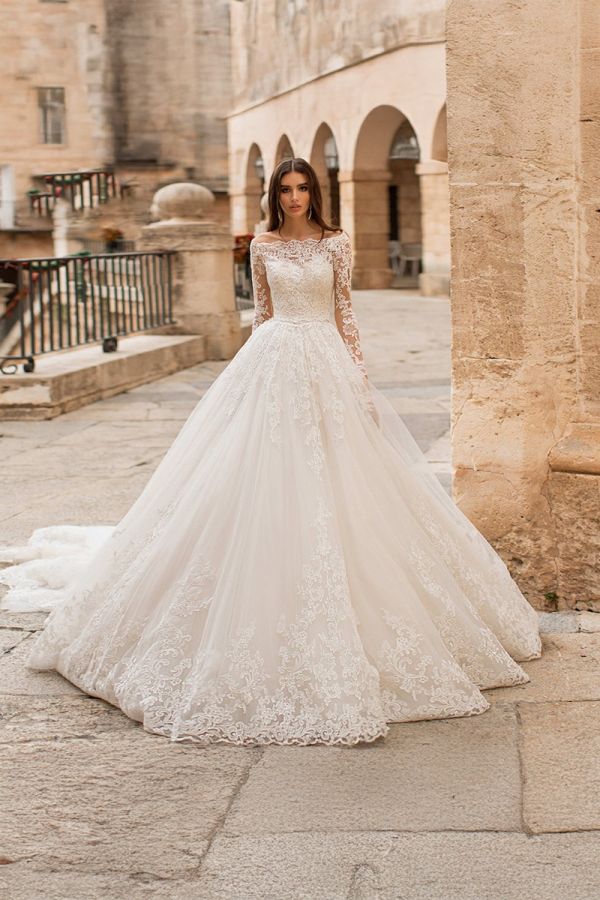 Lace Illusion Neckline   Ball Gown with Long Train for  Events