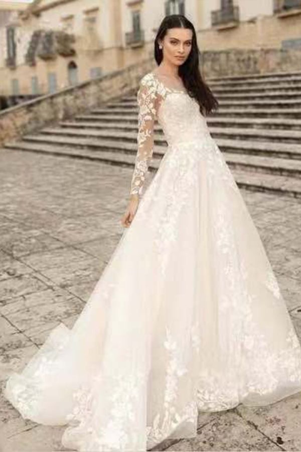 Long-Sleeve Lace A-Line Gown with Illusion Neckline for Formal Events