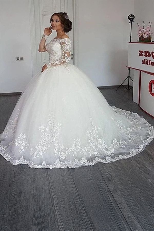 Lace Illusion Neckline Long-Sleeve Ball Gown with Long Train for  Events