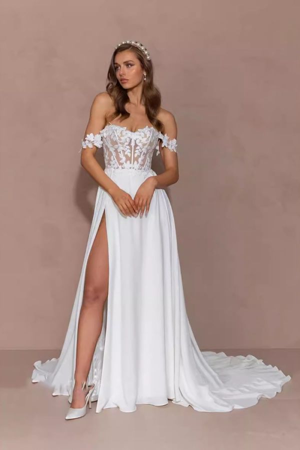 Off-the-Shoulder Lace Bodice Gown with High Slit and Long Train for Formal Events