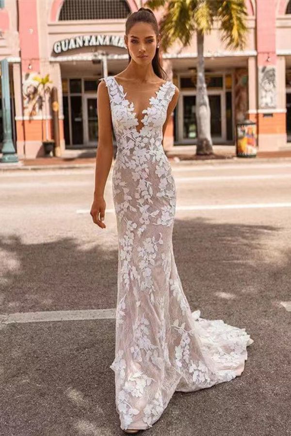 Lace V-Neck Mermaid Gown  Long Train for Formal Events