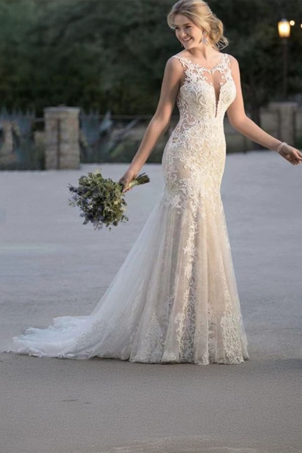 Lace Illusion Neckline Mermaid Gown with Long Train  Formal Events