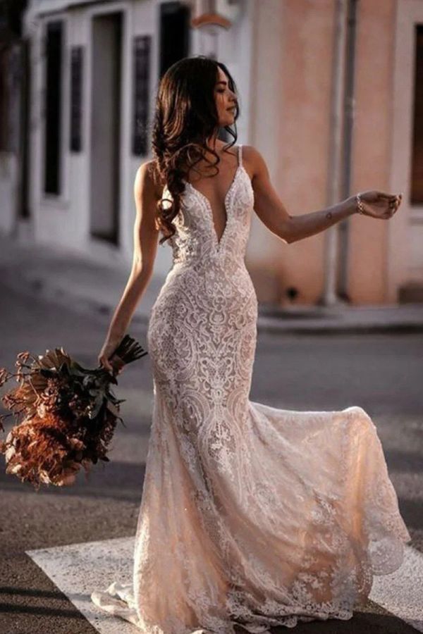 Deep V-Neck Lace Mermaid Gown with Long Train for Evening Events