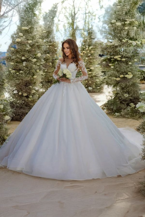 Long-Sleeve Off-the-Shoulder Ball Gown with Long Train for Formal Events