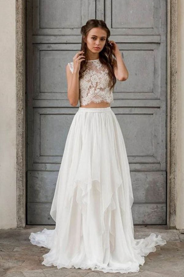 Lace Crop Top and Flowy Skirt Two-Piece Gown with Long Train for Formal Events