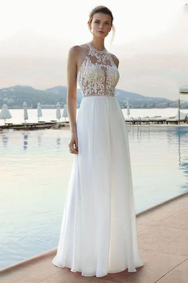 Lace Halter Neck A-Line Gown with Long Train for Formal Events