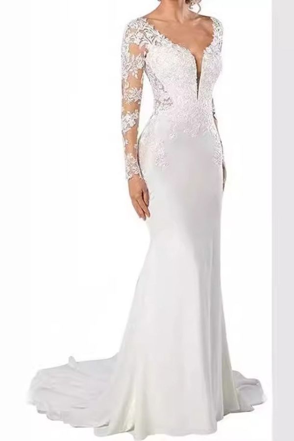 Lace Long-Sleeve Mermaid Gown with Deep V-Neck and Long Train for Formal Events