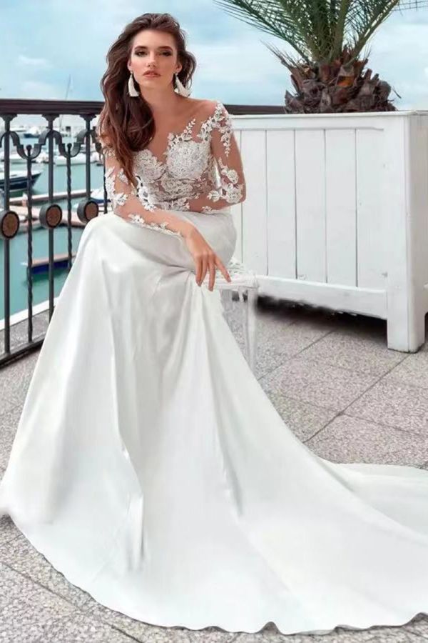 Lace Illusion Sleeve Mermaid Gown with Long Train for Formal Events