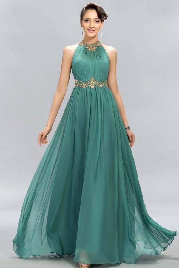 High-Neck Embellished Waist Chiffon Gown with Long Train for Formal Events