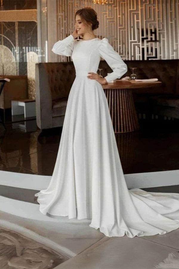 High-Neck Long- A-Line Gown with Long Train for Formal Events