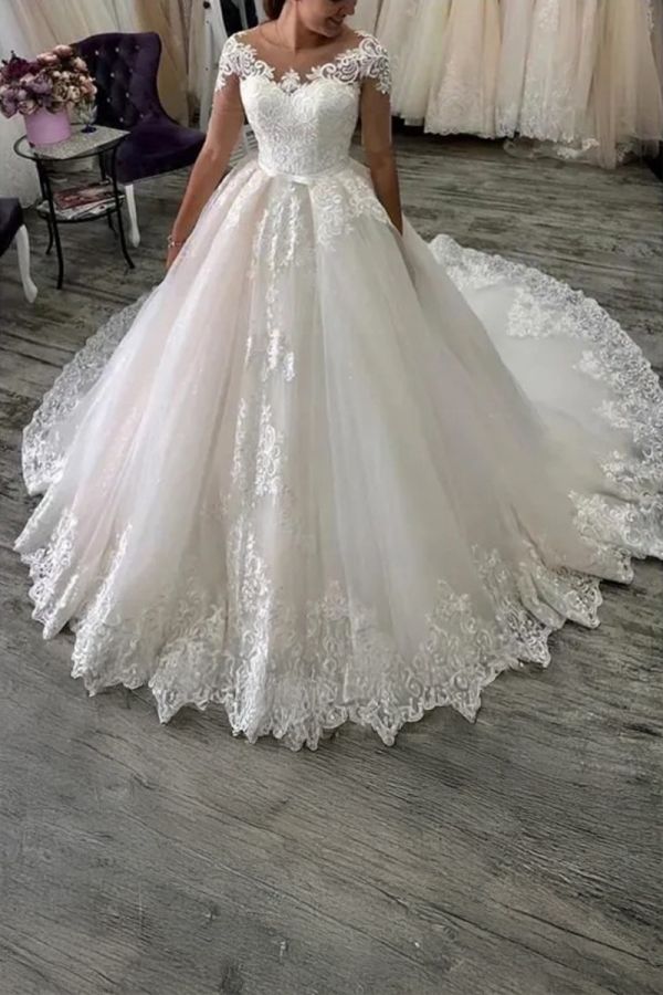 Lace Cap Sleeve Ball Gown with Long Train for Formal Events