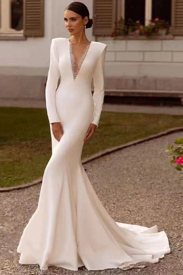 Sleeve V-Neck Mermaid Gown with Long Train for Formal Events