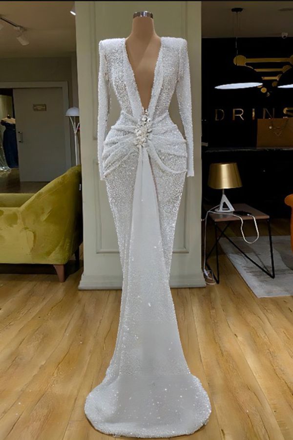 Deep V-Neck Long Sleeve Beaded Draped White Gown