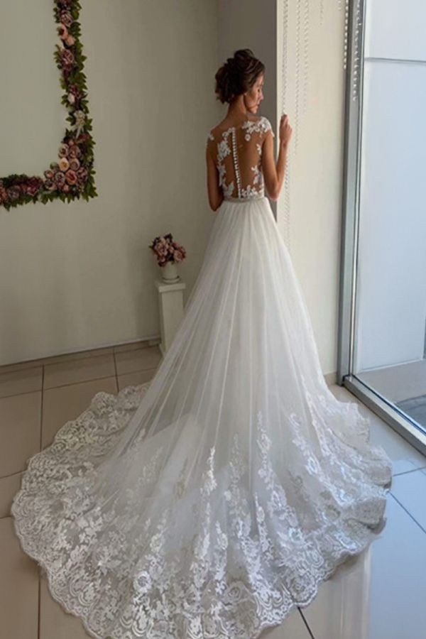 Lace Illusion Neck Mermaid Gown with Detachable Train for Formal Events