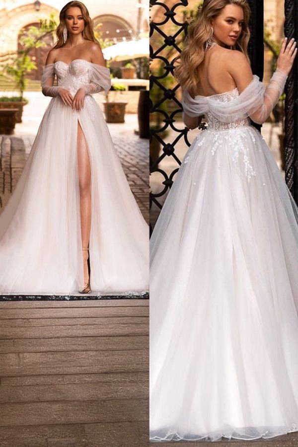 Off-the-Shoulder Lace Bodice Tulle Ball Gown with High Slit and Long Train for Formal Events