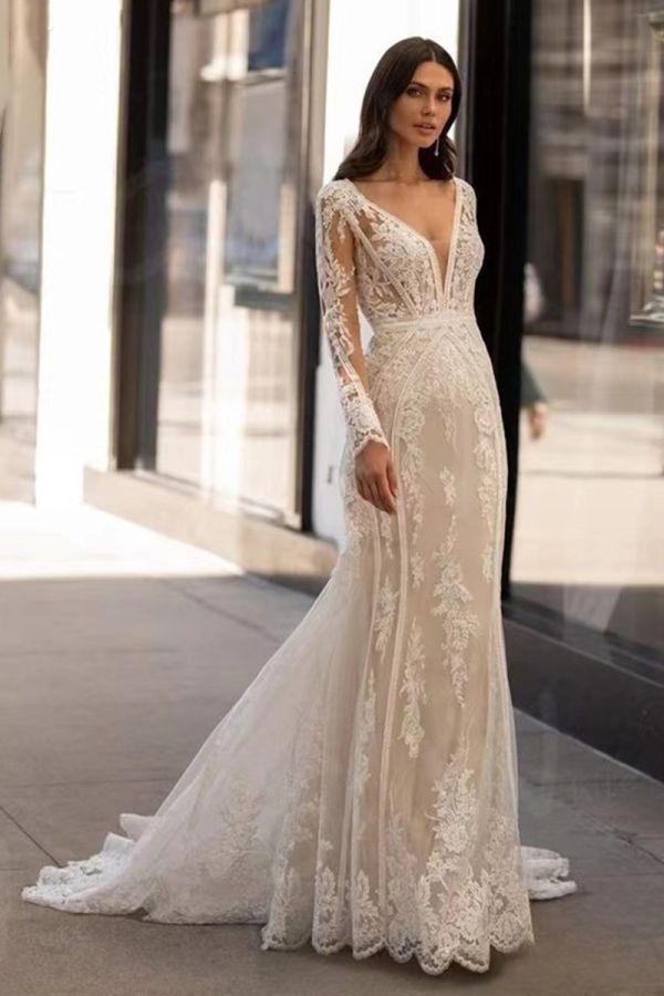 Deep V-Neck Long Sleeve Lace Mermaid Gown with Long Train for Evening Events