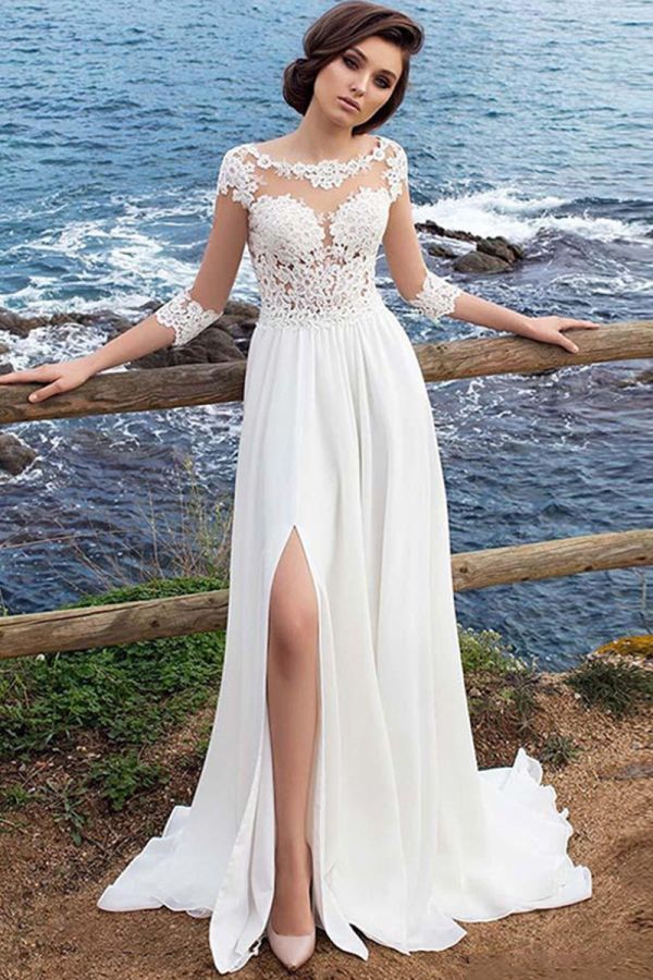 Lace Illusion Neckline High-Slit Gown with Long Train for Formal Events