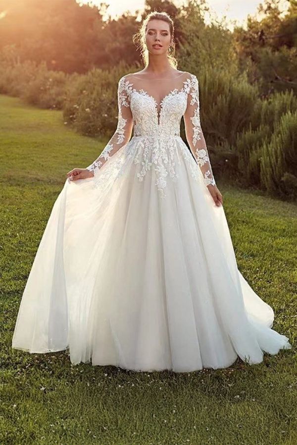 Lace Long-Sleeve Illusion Neckline Ball Gown with Long Train for Formal Events