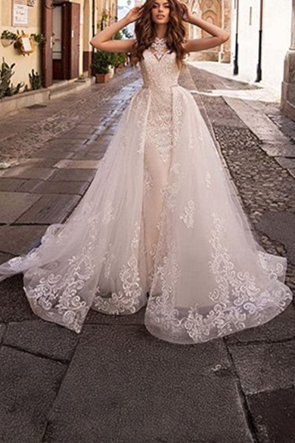 High-Neck Lace Mermaid Gown with Detachable Long Train for Formal Events