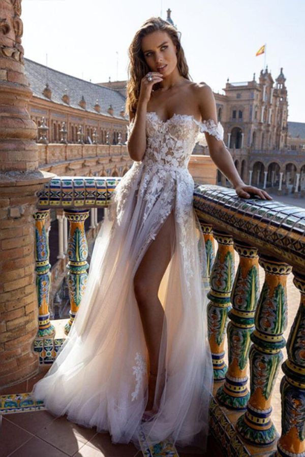 Lace Off-the-Shoulder Mermaid Gown with High Slit and Long Train for Formal Events