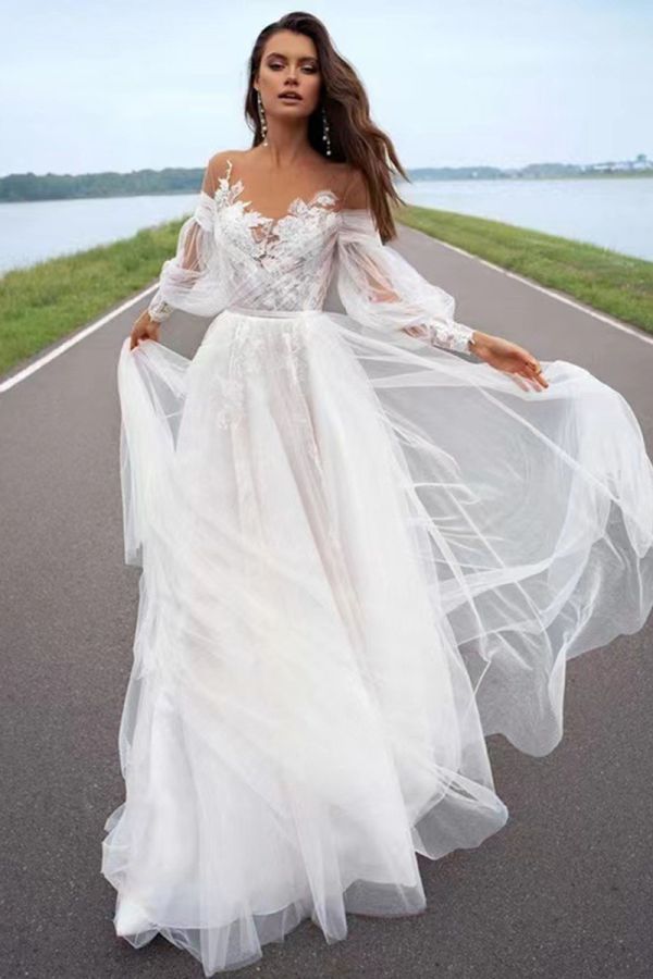 Off-the-Shoulder Lace Bodice Tulle Gown with Long Train for Formal Events