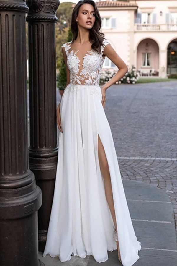 Lace Illusion Neckline Chiffon Gown with High Slit for Formal Events