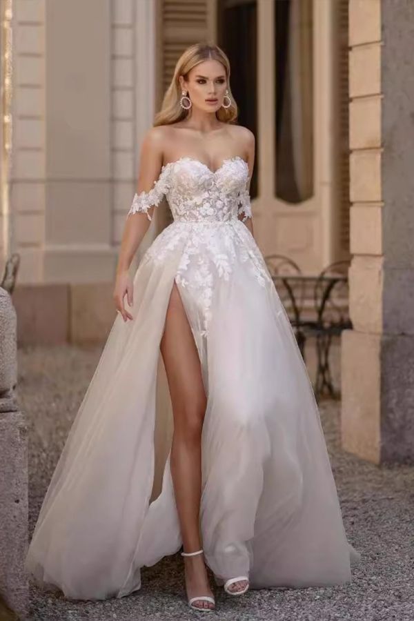 Off-the-Shoulder Lace Gown with High Slit and Long Train for Formal Events