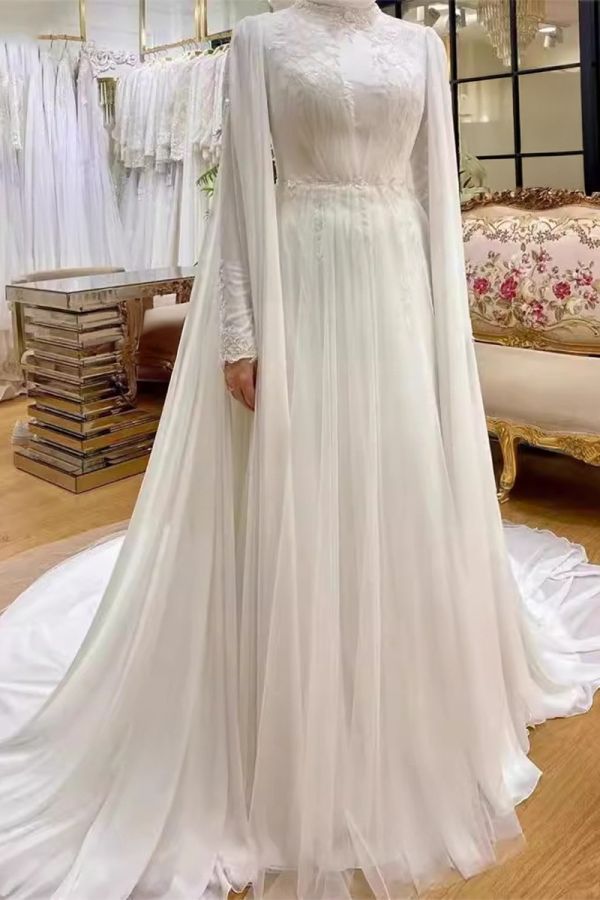 High-Neck Long-Sleeve A-Line Gown with Long Train for Formal Events