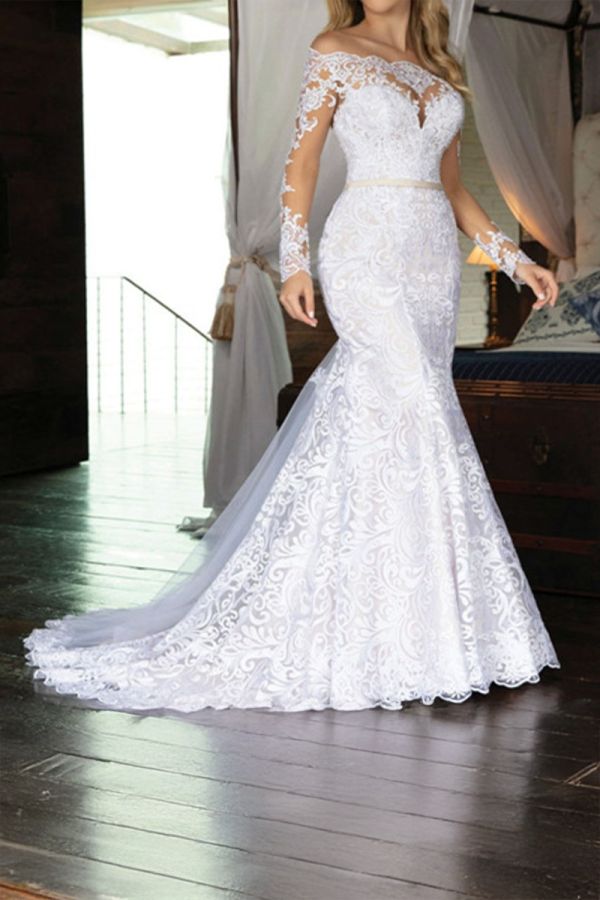 Lace  Shoulder Mermaid Gown with Long Train  Formal Events