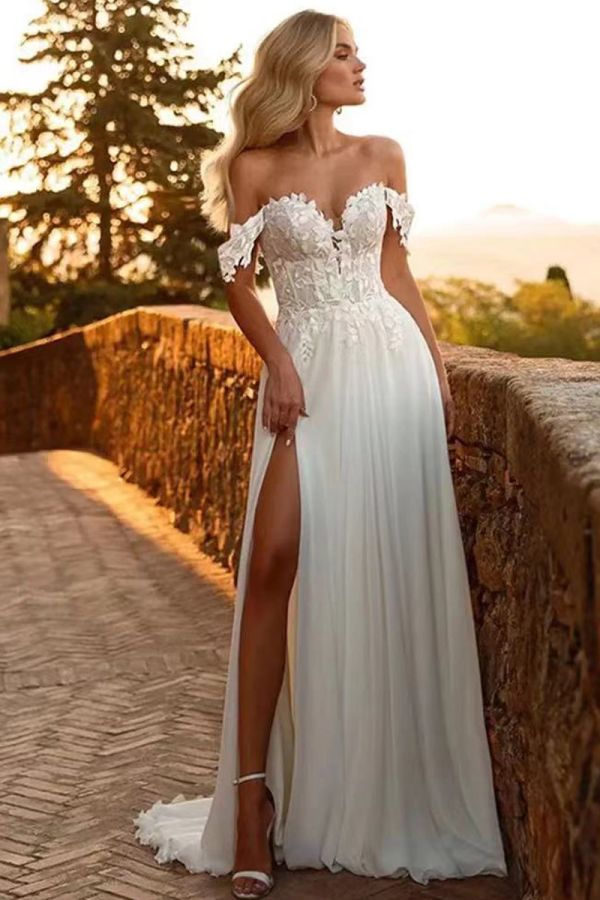 Off-the-Shoulder Lace Bodice Gown with High Slit for Formal Events