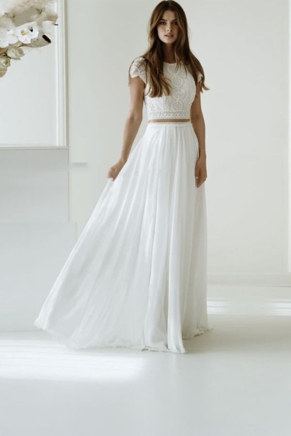 Two-Piece Lace Crop Top and Flowy Maxi Skirt Set for Formal Events